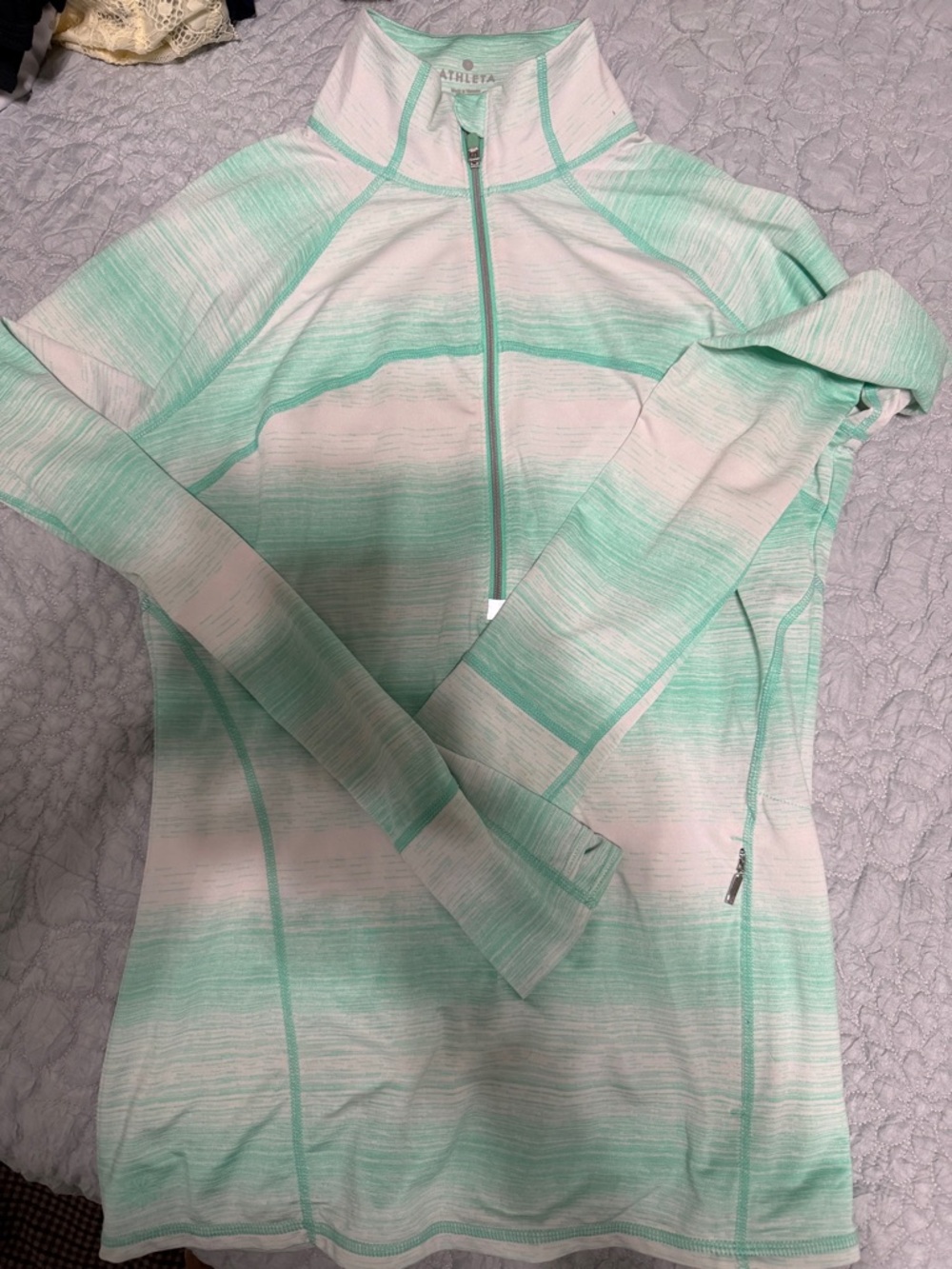 Athleta Mint and White Striped Half-Zip Active Top